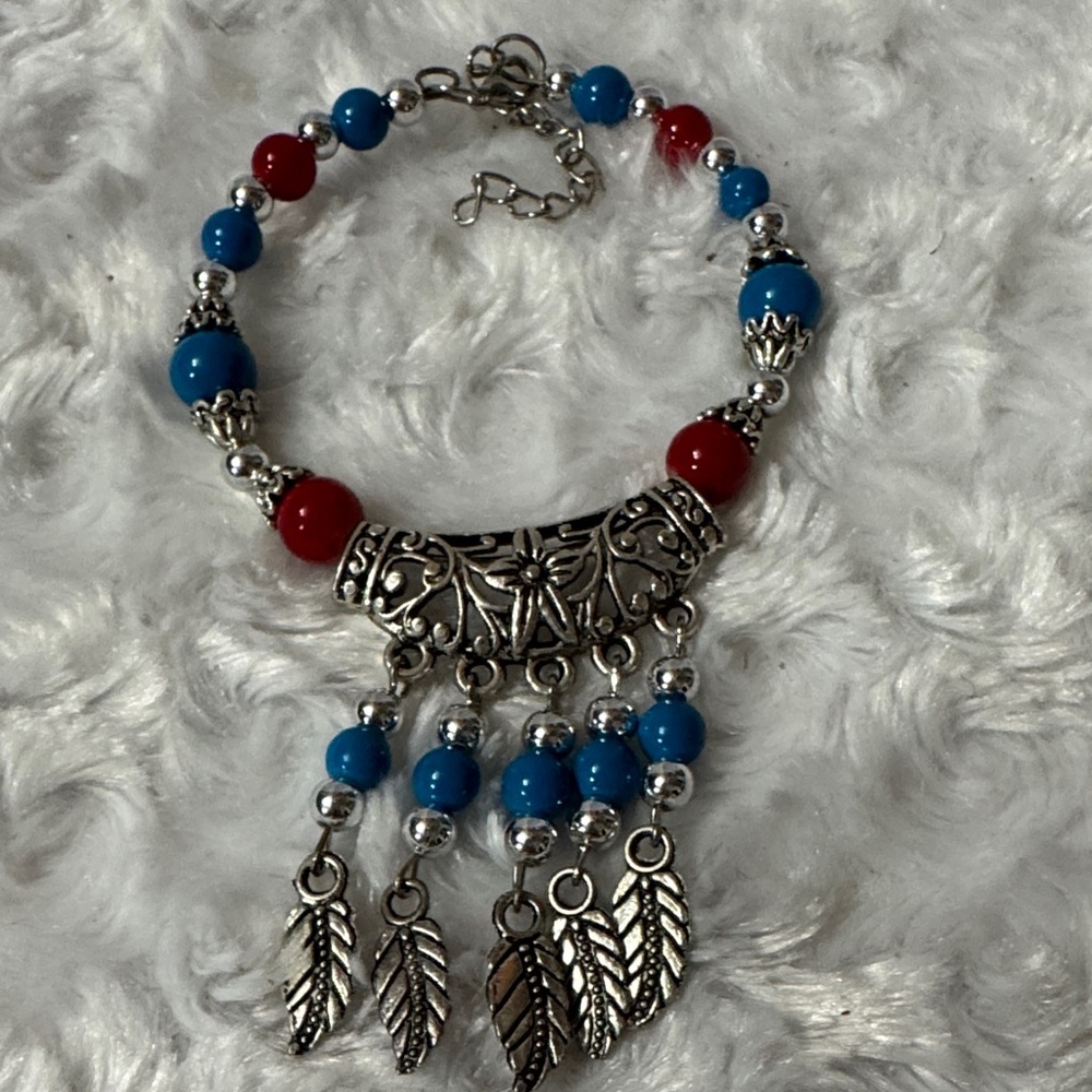 Silver and Blue Beaded Bracelet with Leaf Charms